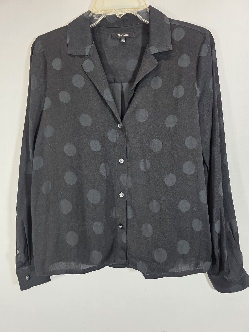 Madewell Black Tonal Polka Dot Button Down Blouse Size M Long Sleeve Notch Colla